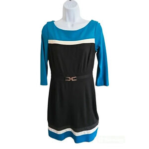 White House Black Market Size 2 Teal Black White Color block LS MOD Career Dress